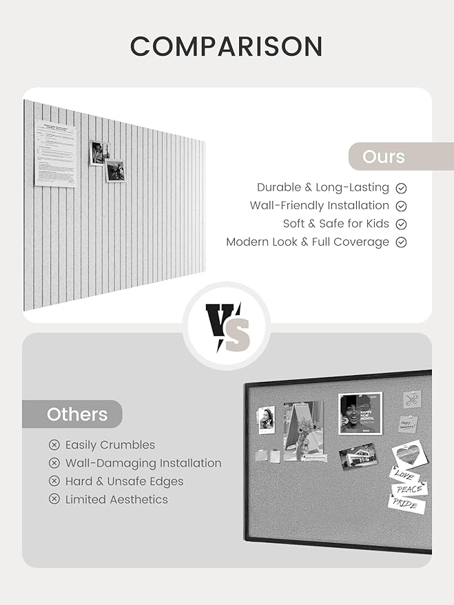 Bumusty Large Cork Board Alternative-48 x 36" Felt Bulletin Board Tiles, with 30 Pushpins, 70 Adhesive Tabs, 12-Pack Slat Wall Paneling, Cork Boards for Office Push Pin Board Felt Board-Light Gray