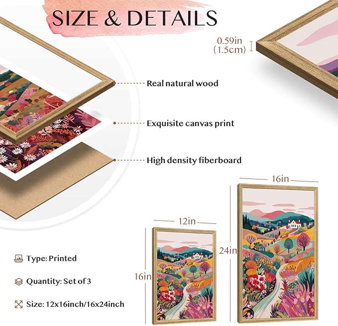 Hianan Colorful Boho Landscape Wall Art, Nature Watercolor Floral Wall Decor, Bright Mountain Water Canvas Painting, Modern Sunsets Landscape Poster Print For Living Room Bedroom Wood Framed 16"x24"x3