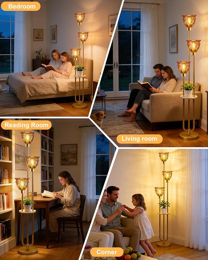 Lightdot 3-Lights Glass Floor Lamp for Living Room Mid Century Modern Gold Floor Lamp with Amber Glass Shade & 3000K Bulbs Included Tall Standing Lamp for Bedroom/Sofa Beside/Corner Decor