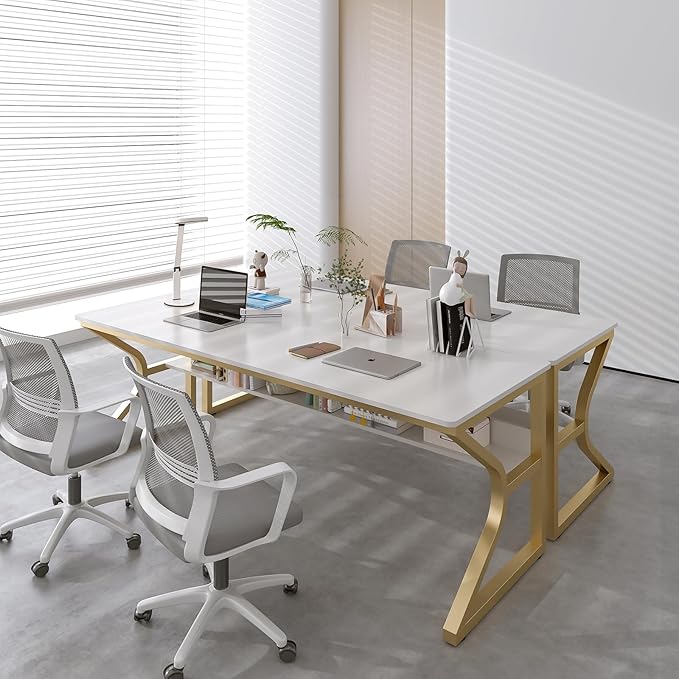 Extra Long Desk with Bookshelf - 71" Double Long Writing Table for 2-Person Workstation, Modern Study Work Computer Desk for Home and Office, Gold