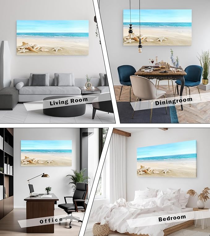 DZL Art S73998 Beach Picture Decor Ocean Painting Canvas Wall Art Prints of Starfish and Seashell on Sandy Seaside Ready to Hang for Living Room Bedroom Office Wall Decor Home Decoration