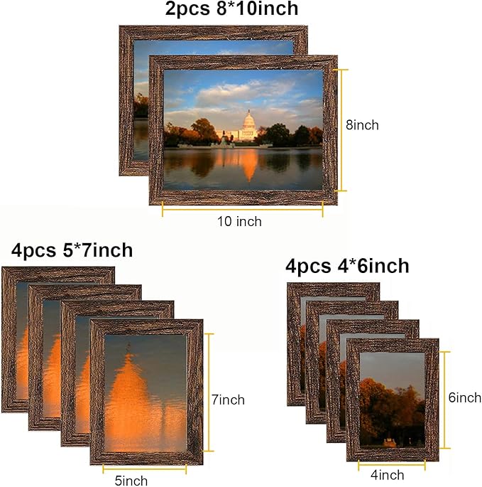 Picture Frame Set 10 pack, Farmhouse Photo Frames, Gallery Wall Frame Collage, 8x10 5x7 4x6 Frames in 3 Different Finishes Picture Frames For Wall or Desk,Dark Brown