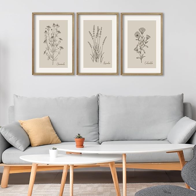TQianJiang Vintage Botanical Wall Art 24"x16" Set Of 3 Wood Framed Wildflower Pictures Wall Decor for Bedroom Minimalist Wall Hanging (Wood)
