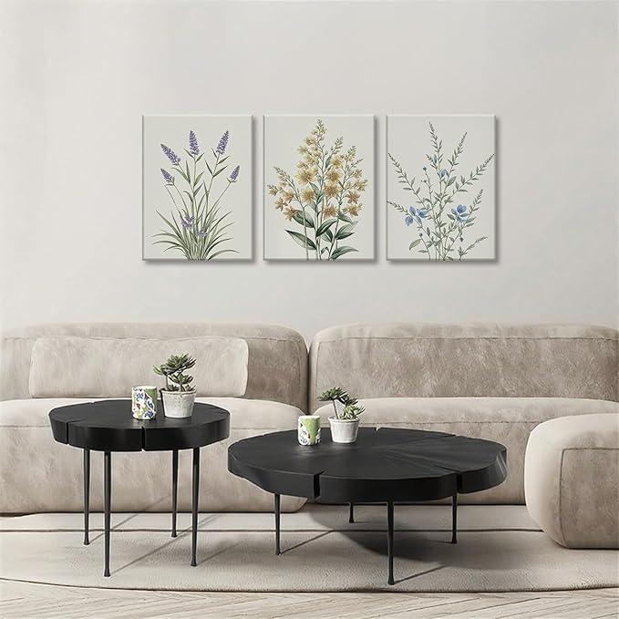 TUEASKY 3 Piece Canvas Wall Art Wildflower Wall Decor Botanical Pictures Floral Paintings Watercolor Prints Minimalist Artwork for Bedroom Bathroom Living Room