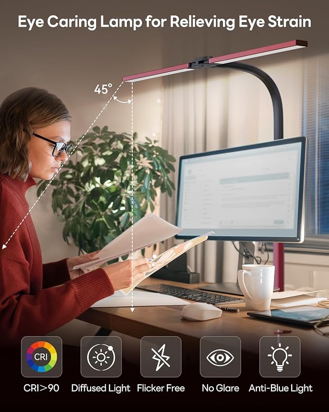 LED Desk Lamp for Home Office, Eye-Caring Desk Light with Clamp, Stepless Dimming 24W Double Head Architect Task Lamp with Remote Control, Flexible Arm for Working Studying Reading Drafting(RED)