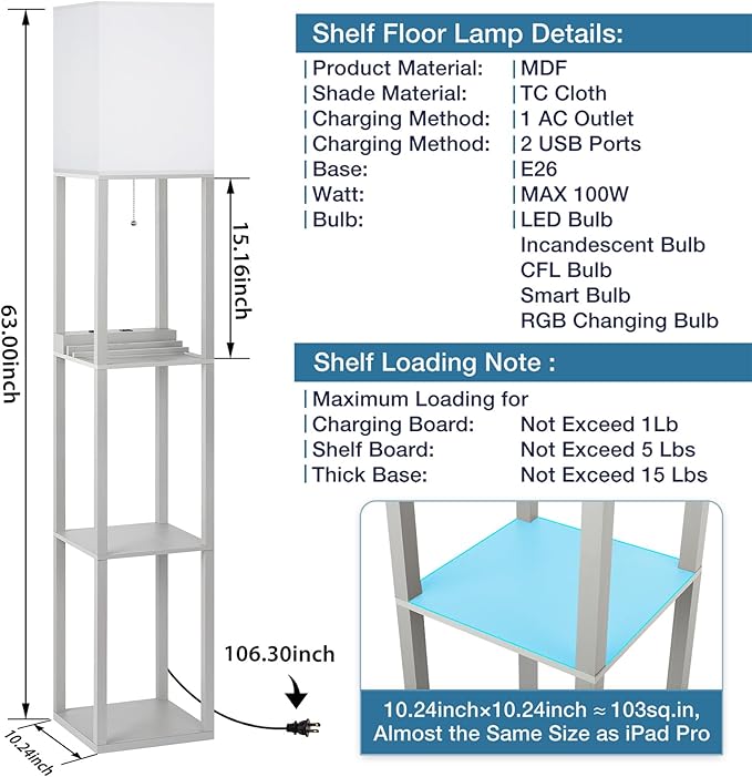 SHINE HAI Shelf Lamp, Modern Standing Ligths with 2 USB Ports and 1 Power Outlet, 3-Tiered Display Floor Lamps with Shelves for Living Room, Bedroom and Office - Gray
