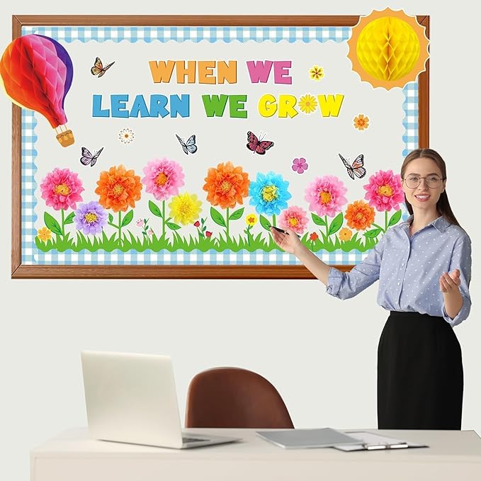 Spring Bulletin Board Decorations Flowers Themed Bulletin Board Set When We Learn We Grow Bulletin Board with 3D Paper Flower Cutouts for Back to School Classroom Wall Decor