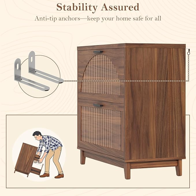 Lateral File Cabinet 2 Drawer File Cabinet with Charging Station for Legal/Letter/A4 Size Hanging Files, Large Modern Fluted File Storage Cabinets Printer Stand for Home Office, Walnut