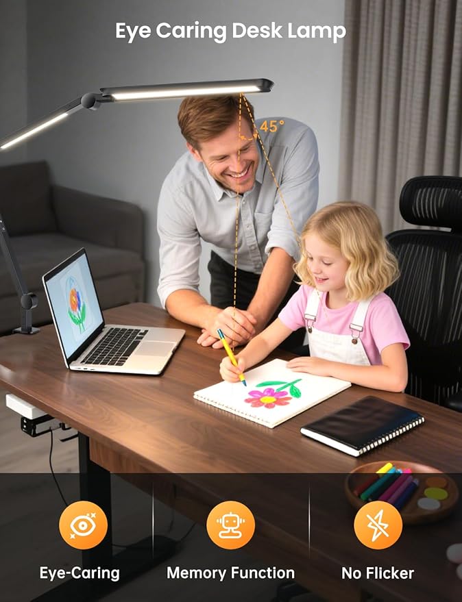 LED Desk Lamp with Clamp, Adjustable Dual Light & Remote Control, Puzzle Light for Table No Glare, 4 Color Modes with Wireless Remote for Home Office & Study