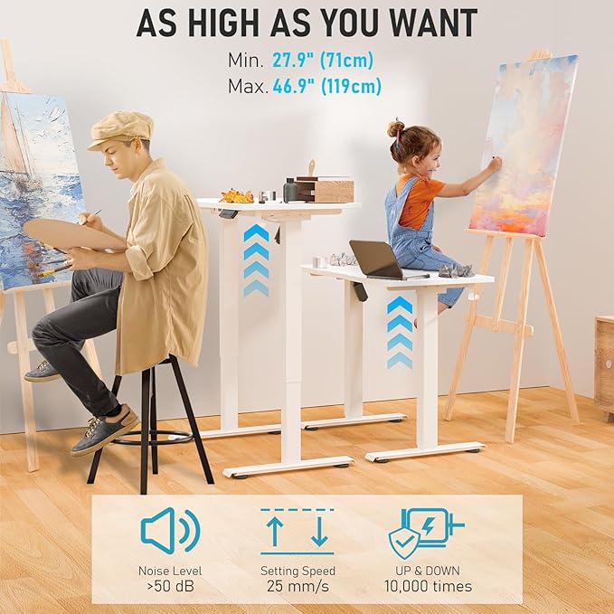40" x 24" Electric Standing Desk, Adjustable Height Sit Stand Desk with 3 Preset Heights & 2 Hook, Electric Desk for Home Office Gaming, White
