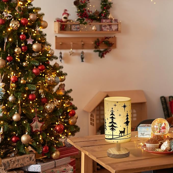 Christmas Lamp Christmas Decorations Indoor 11.6 Inch Small Xmas Tree Deer Bedside Table Light LED Desk Light USB Nightstand Lamp with Non Slip Wood Base Lampshade for Gifts Home Desk