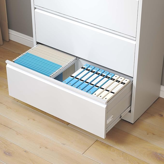 5 Drawer Lateral File Cabinet with Lock for Home Office Metal Filing Cabinet with Adjustable Hanging Rails Horizontal Filing Organization Storage Cabinet for Letter/Legal/A4/F4 Size White