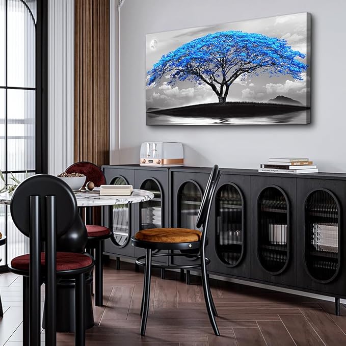 Wapluam Black And White Pictures Large Canvas Prints Wall Art For Living Room Bedroom Wall Decor Blue Tree Landscape Painting To Hang Modern Home Decorations For Office Stretched And Framed Works