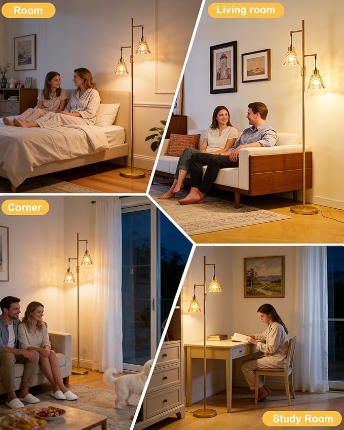 Lightdot 65IN Glass Floor Lamp for Living Room, 2- Light Gold Floor Lamps with Brown Glass Shade& 3000K Warm White Bulbs, Modern Standing Tall Lamp for Bedroom/Corner Beside/Home Decor