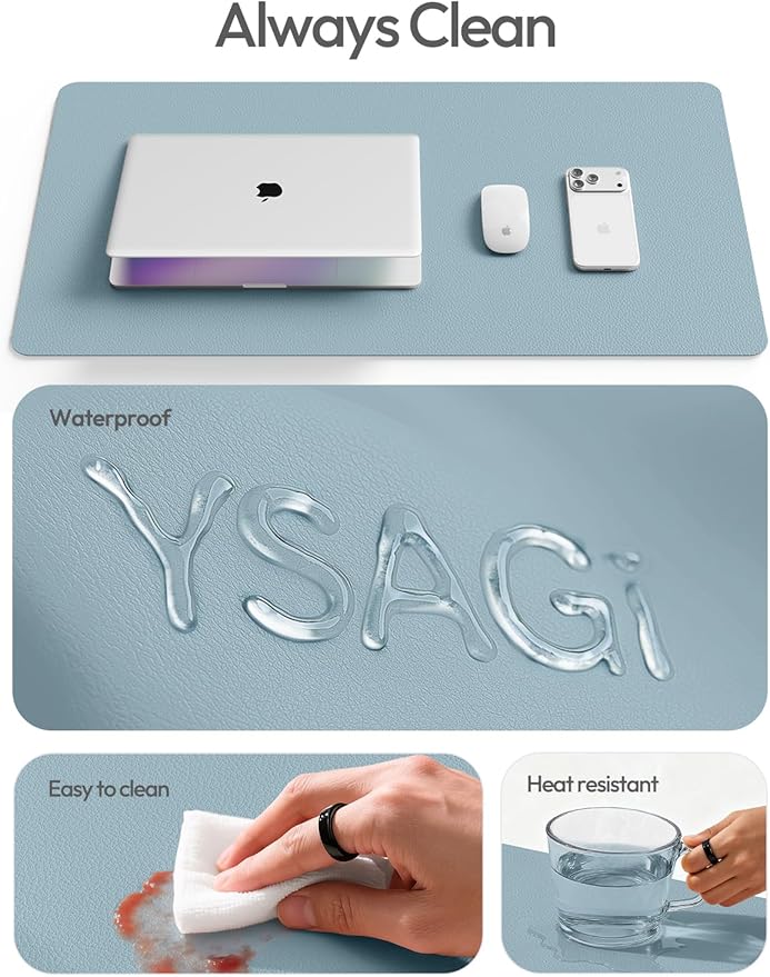 YSAGi Leather Desk Protector, Office Mat, Large Mouse Mat, Non-Slip PU Leather Blotter, Laptop Desk Pad, Waterproof Writing Pad for Office and Home (Ice Blue, 23.6" x 13.8")