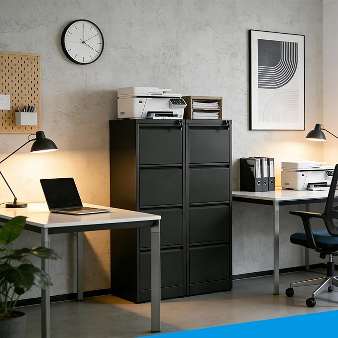 Metal File Cabinet 4 Drawers, Vertical Filing Cabinet for Home Office, File Cabinets with Lock for Legal Letter Size Hanging File Folders Storage Cabinet, (Black)