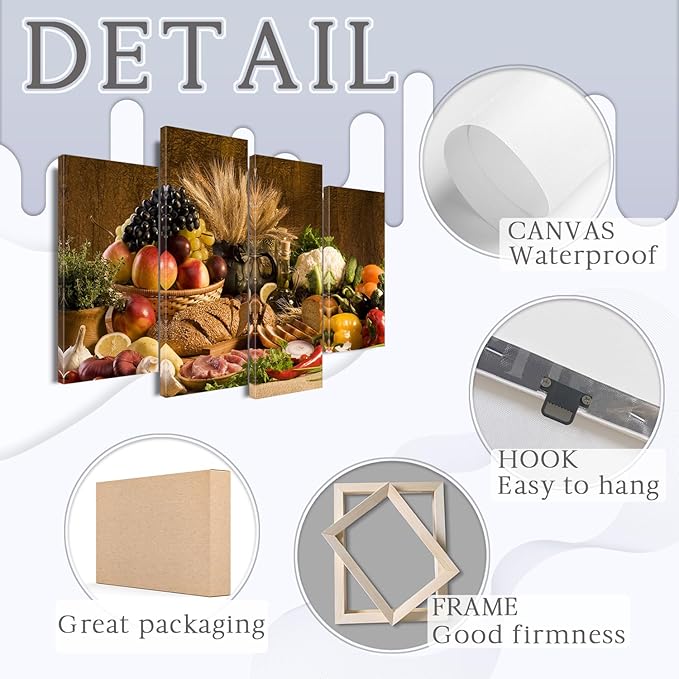 4 Pieces Kitchen Wall Art - Food and Fruit Pictures for Dining Room Decor (48''W x 32''H)