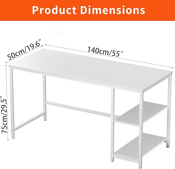 JOISCOPE Home Office Desk with Double Reversible Side Shelves and Headphone Hooks, Computer Desk for Working, Gaming, Studying, 55 inches, White