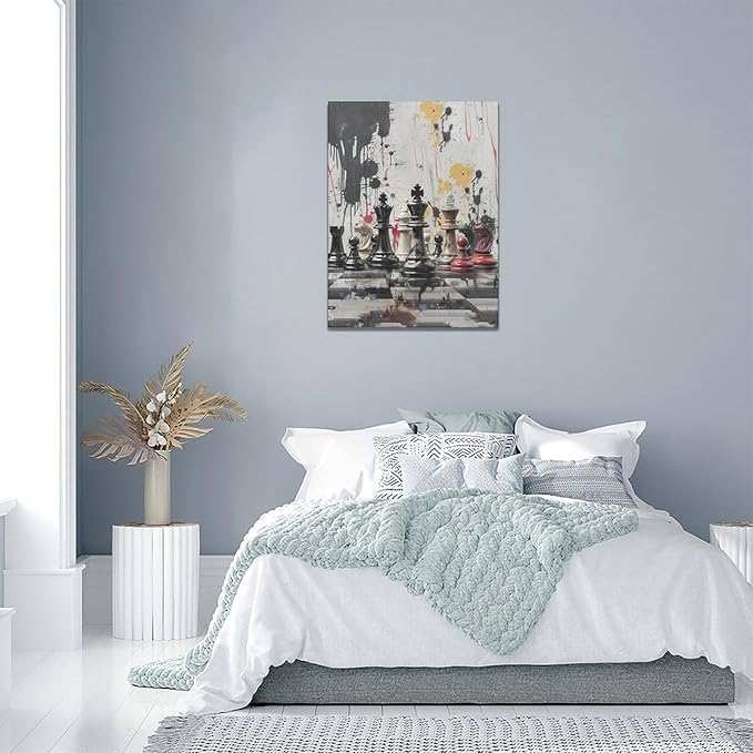 Chess Wall Art Intelligence Game Room Pictures Wall Decor Graffiti Chess Challenge Canvas Painting Print Home Modern Artwork Decorations Framed for Bathroom Living Room Bedroom Office 12 x 16 inch