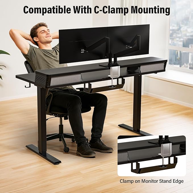 Kingant 40 x 24 Inch Small Electric Standing Desk with 4 Drawers, Height Adjustable Sit to Stand Computer Desk with Storage Shelf and C-Clamp Mount Compatibility for Home Office, Black