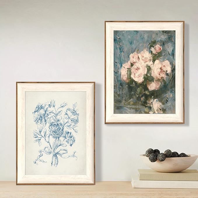 ASTRDECOR Framed Vintage Wall Art for Living Room, Vintage Floral Home Decor Aesthetic, Victorian Pink Rose Bouquet Oil Painting Blue Canvas Wall Art Prints, Antique Flower Pictures Blue Artwork for Living Room-12''x16''
