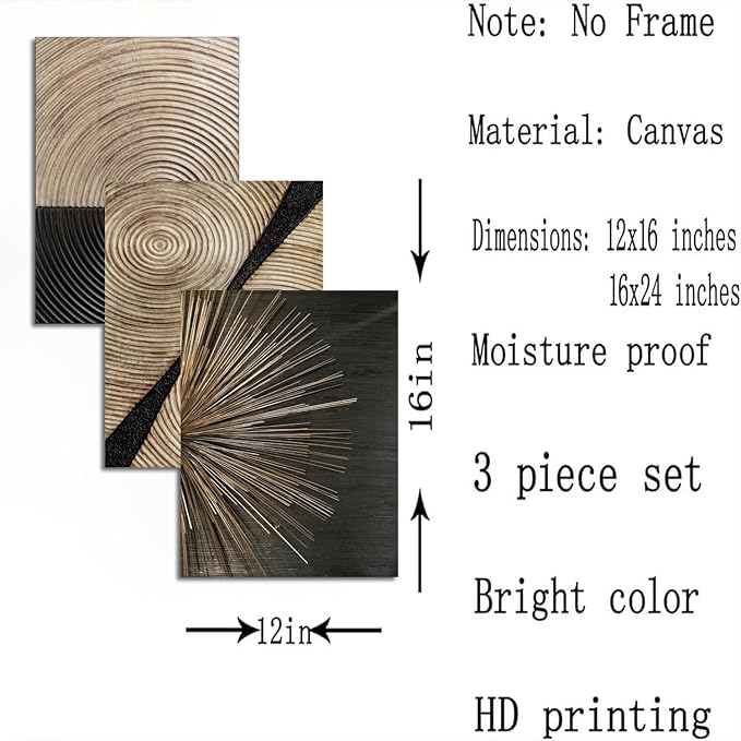 3Pcs Retro Wood grain Abstract Canvas Wall Art Minimalist Black Golden Line Texture Wall Decor Pictures Neutral Geometric Beige Brown Poster Prints for Living Room Bedroom Home Decoration 16x24in