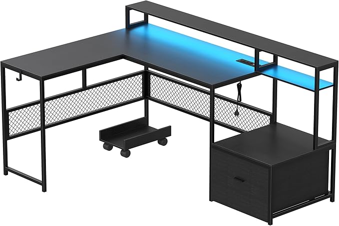 L Shaped Desk with Drawers, 66" Home Office Desk with Power Outlet and Led Strip, Computer Desk with Storage Shelves & Monitor Stand, Large Corner Desk Gaming Desk, Black