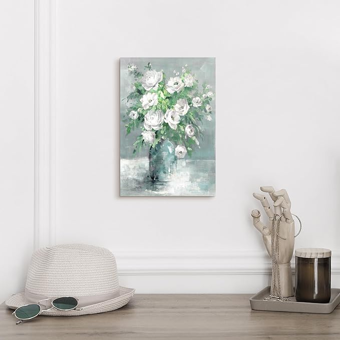 Floral Canvas Wall Art Painting White Rose Flower With Green Leaves Hand-Painted Texture Picture Artwork For Bedroom Bathroom Walls(12x16)