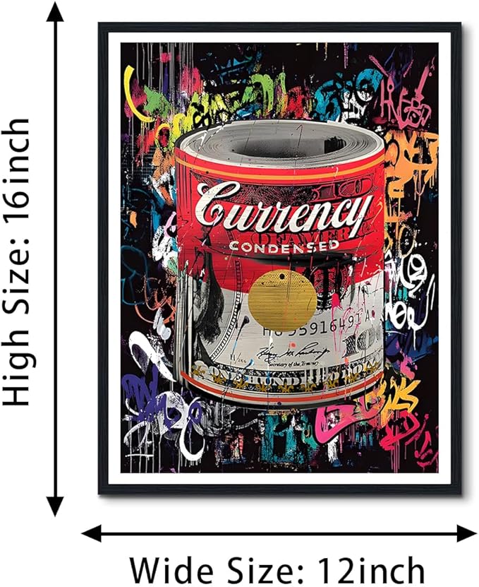 Inspirational Framed Canvas Print Wall Art Hundred Dollar Bills Roll Graffiti Wall Decor Money Poster Motivational Artwork Modern Home Office Decoration Ready to Hang 12.5x16.5 inch