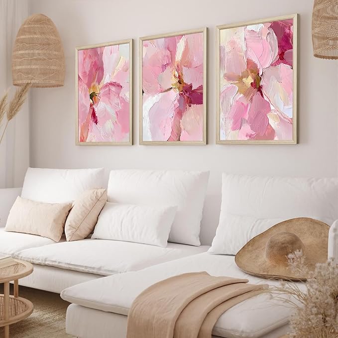 Abstract Floral Wall Art Pink Flower Canvas Pictures Modern Wall Decor Blush Pastel Pink Prints Peony Painting Minimalist Poster Botanical Artwork for Bedroom Living Room 16x24x3 Inch Wood Framed