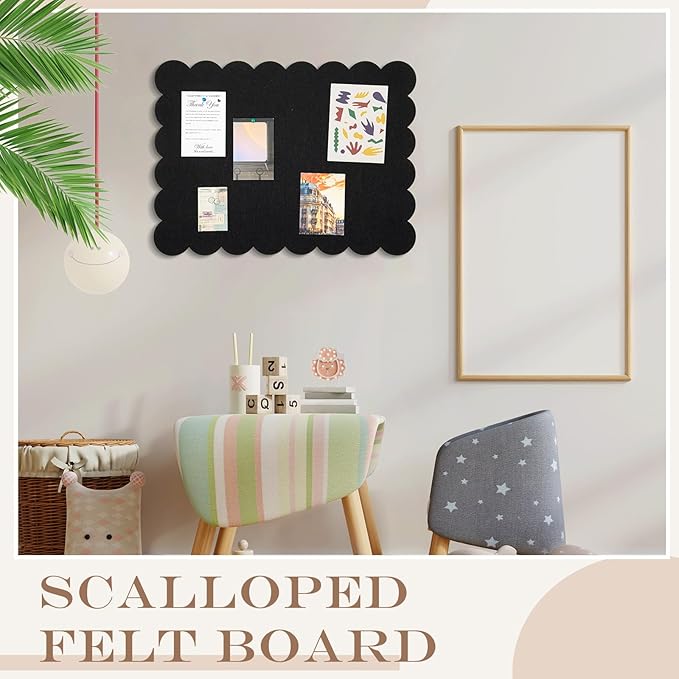Scalloped Felt Bulletin Board 24 x 18 Inches Foldable Black Pin Cork Board Alternative for Wall, 2' x 1.5' Trifold Picture Vision Self Adhesive Bulletin Decorative