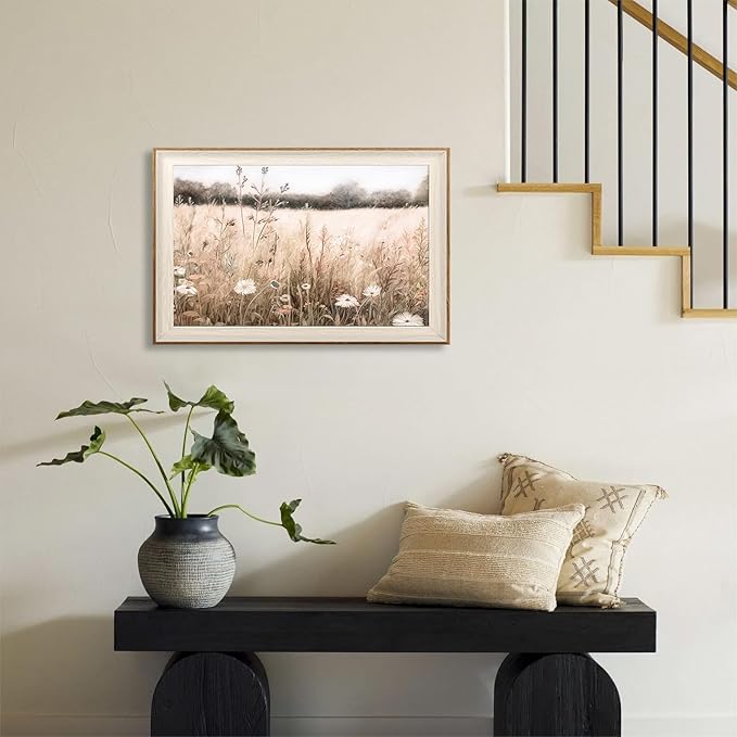 ASTRDECOR Framed Nature Wall Art Prints, Vintage Wildflower Field Landscape Canvas Wall Art Bedroom, Autumn Oil Painting Botanical Artwork, Plant Pictures Farmhouse Wall Decor Living Room - 16''x24''