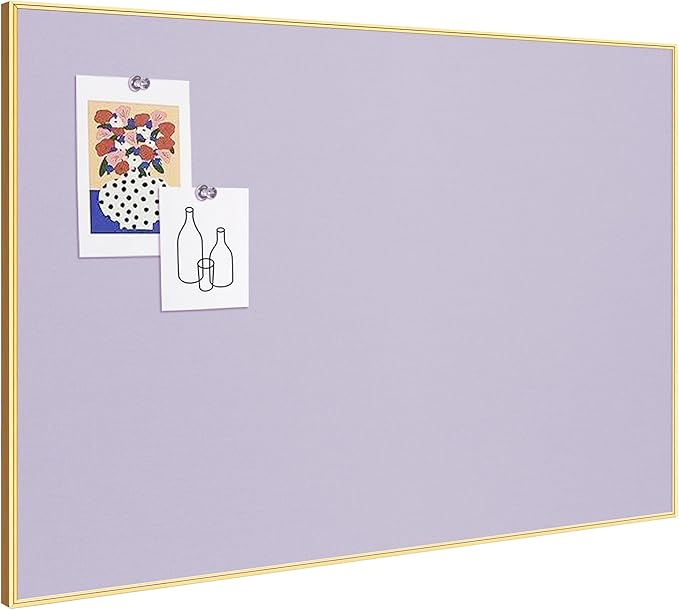 Bulletin Board 30 x 20 inches, Light Lavender Pin Board, Golden Aluminum Framed Fabric Cork Board with 10 Push Pins