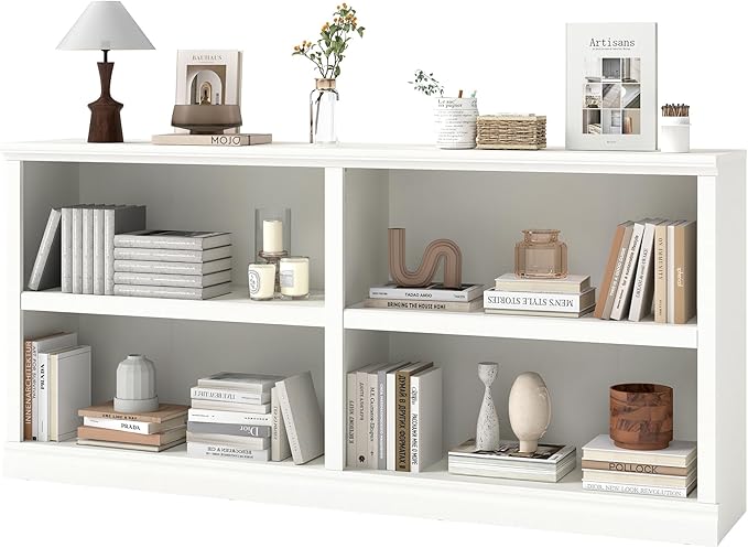 Double Wide Open Shelf Bookcase - 2 Tiers 4 Storage Cube Adjustable Space Book Case, Display Cabinet Organizer with Bookshelf, 64.8 inch Width Indoor Furniture for Home Library Office, White
