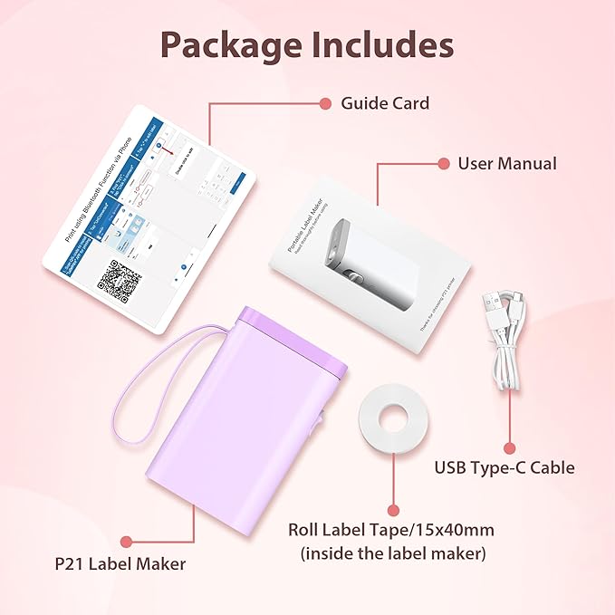 P21 Label Maker Machine with Tape, Bluetooth Label Printer Thermal Mini Label Makers with Built-in Cutter and Multiple Templates, Portable Printers for School, Office, Home Use-Purple