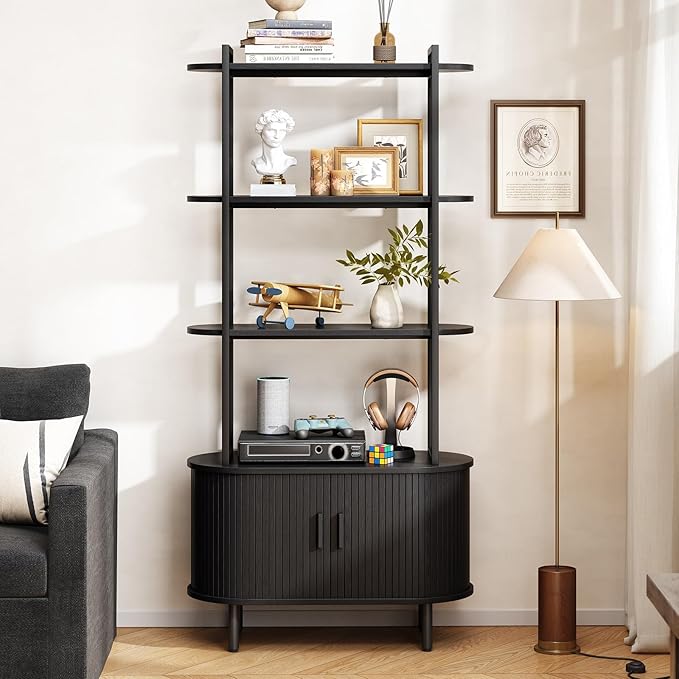ONBRILL 71" Tall Bookshelf, 4-Tier Book Shelf with Storage Cabinet, Modern Bookcase with Sliding Door and Adjustable Footpad, Freestanding Storage Organizer Bookshelf for Living Room, Bedroom, Black
