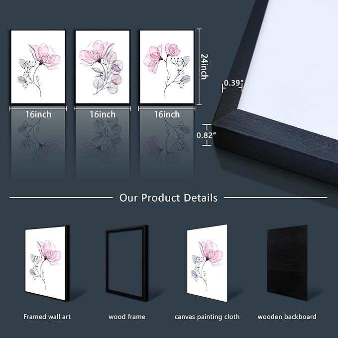 hyidecorart Black Framed Wall Art For Living Room Large Wall Decor For Bedroom Room Decorations Pink Red Flowers Wall Paintings Mural Pictures Artwork Kitchen Home Decor 3 Piece Framed Prints Art