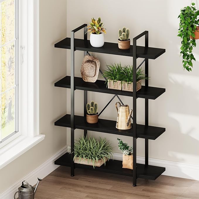 HSH 4 Tier Black Bookshelf, Industrial Metal Wood Storage Book Shelves, Modern Open 4 Shelf Bookcase and Display Etagere, Vertical Book Shelf for Bedroom Living Room Office