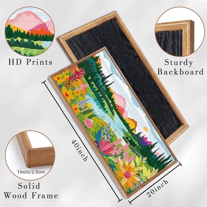 ANHUIB Large Colorful Wildflower Wall Art 20x40 Inch Framed Boho Abstract Floral Wall Decor Forest Woodland Painting Muticolor Mountain Range Illustration for Living Room Dining Room Bedroom