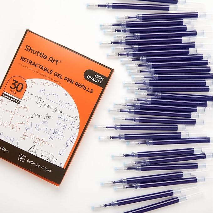Shuttle Art Retractable Gel Pen Refills, 30 Pack Blue Rollerball Gel Ink Pens Refills, Bulk Set, 0.7mm Fine Point for Writing Journaling Taking Notes School Office Home