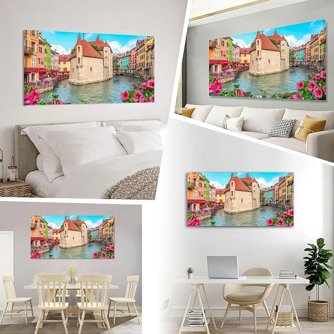 Annecy old town cityscape France Canvas Wall Art Large Framed Prints Pictures Wall Decor Posters Painting Artwork for Living Room Bedroom Kitchen Bathroom 16x30