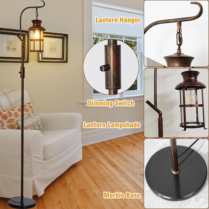 Vintage Dimmable Floor Lamp,Classical Lanterns Standing Lamp, Rustic Farmhouse Floor Lamp with Red Copper Finish, for Living Room Bedroom,Bar,Basement