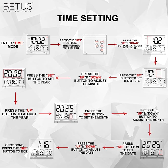 Betus Digital Travel Alarm Clock – Foldable Calendar, Temperature & Timer with Snooze – Large Number Display, Battery Operated – Compact Desk Clock for Home & Office (Black)