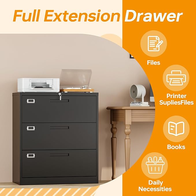Lateral File Cabinet with Lock, 3 Drawer Metal Filing Cabinet, Lateral Filing Cabinet with Lock for Home Office, Locking Metal Steel Wide File Cabinet for Legal/Letter A4 Size