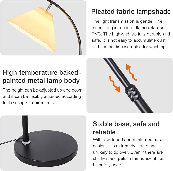 Tall Floor Lamp for Living Room Bedroom, 61"-68" Adjustable Standing Lamp with PleatedShade, Black Modern Lamp with 9W LED Dimmable 3-Color (3000K/4500K/6000K), Corner Reading Light for Office