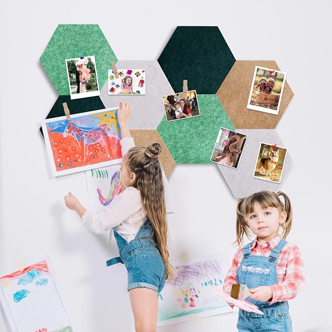 Vuzvuv 8 Pcs Hexagon Bulletin Board with 50 Pushpins & 10 Wooden Clip Pins Adhesive Cork Board for Wall,Felt Pin Board for School,Office Decor(Green Brown)
