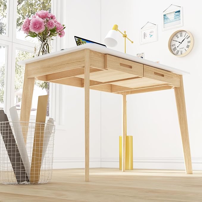 Home Office Computer Desk Coner Desk with 2 Drawers, Study Writing Table for Home Office, Study, White & Natural (39.3 ”W x 23.6”D x 29.1”H)