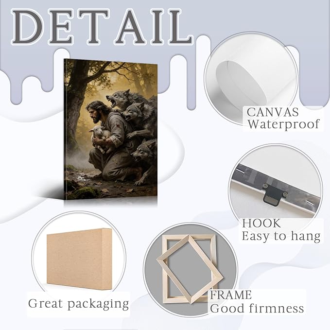 Jesus Wall Art Religious Wall Decor Christian Art Jesus and the Lamb Canvas Christian Posters Shepherd Protect the Lamb from Wolves Painting with Built-in Wooden Frame for Home Decor (28x40 Inch)