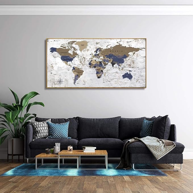 Framed Wall Art World Map Wall Art Canvas Picture24inx48in Large Grey Map of The World Canvas Painting Artwork Prints for Office Wall Decor Home Living Room Decorations Framed Ready to Hang