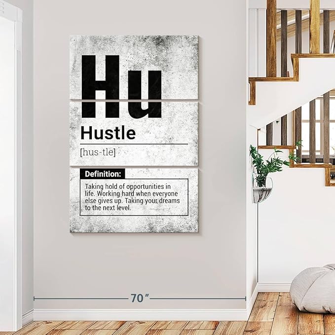 Elephant Stock - Hustle Definition Grunge Wall Art - Vertical Multi Panel Canvas - 3 Piece Living Room Wall Decor - Digital Art Inspirational And Typography Multi Piece Wall Art - Black And Gray Decor - 48" x 74"